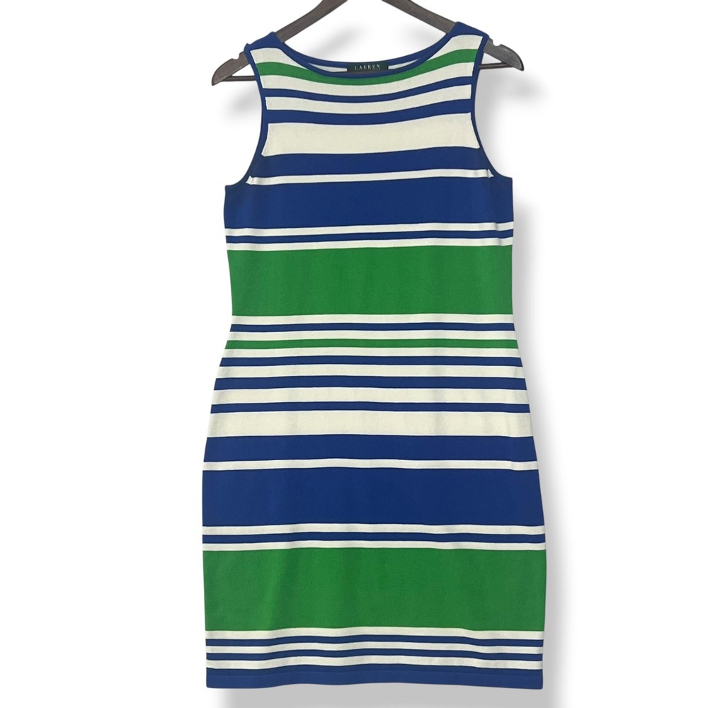 Lauren Ralph Lauren Dress M Blue Green White Stripe Sleeveless Nautical Coastal